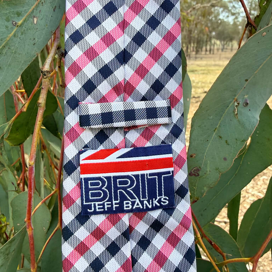 A necktie with a pink, white, and navy blue gingham pattern, hanging outdoors among green leaves. The tie features a matching fabric loop and a rectangular patch with the text 'BRIT JEFF BANKS' and a Union Jack design.