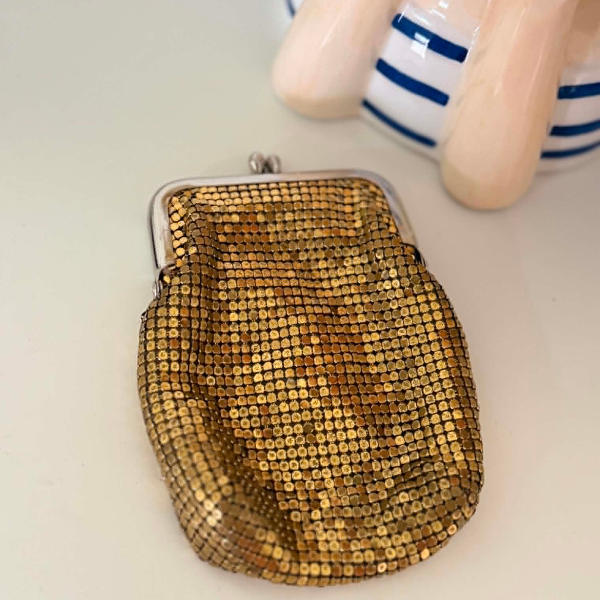 mid-century modern vintage gold mesh coin purse by Whiting & Davis co. Made in the USA