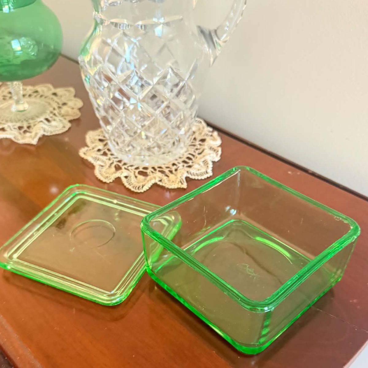 Vintage green depression glass refrigerator storage dish