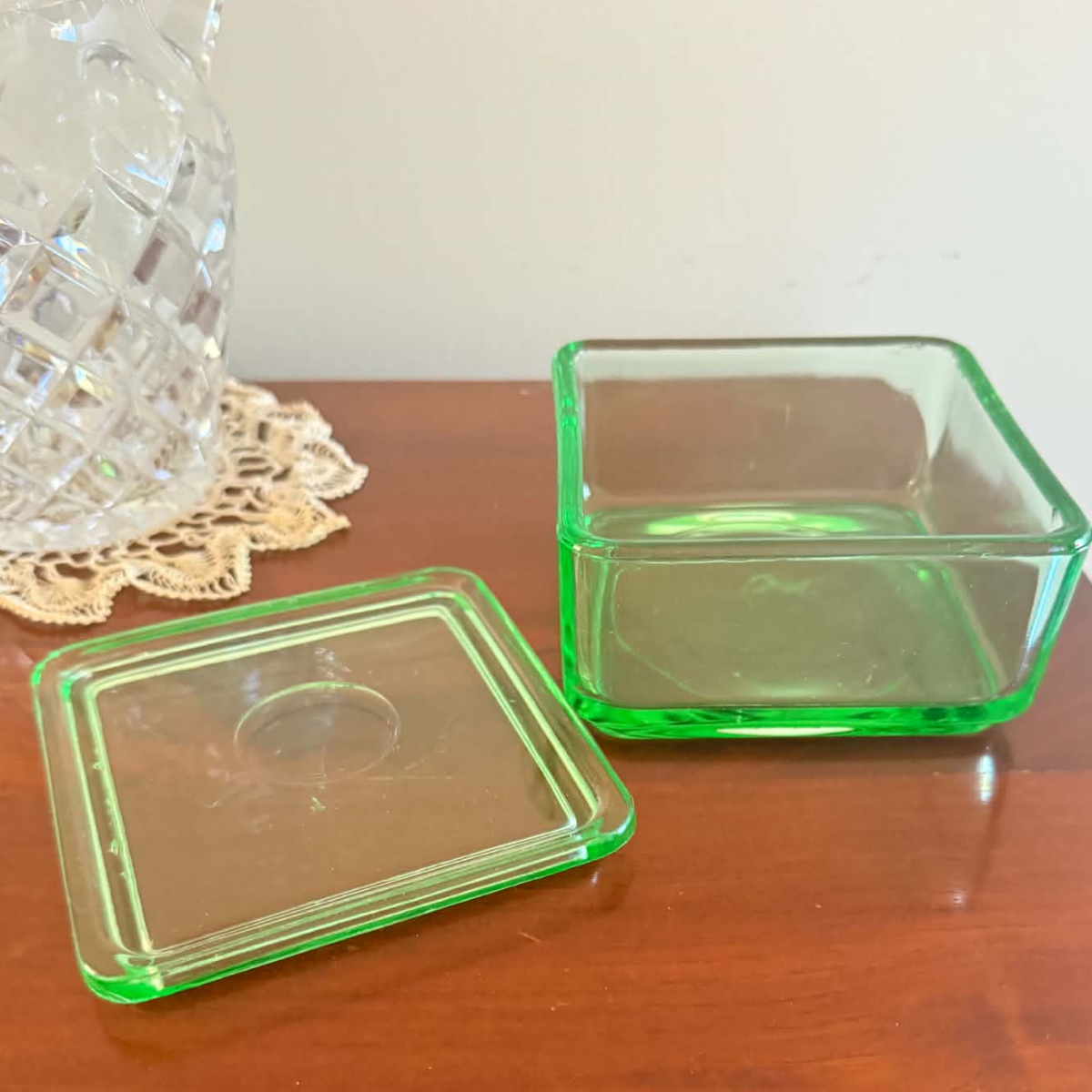 Vintage green depression glass refrigerator storage dish