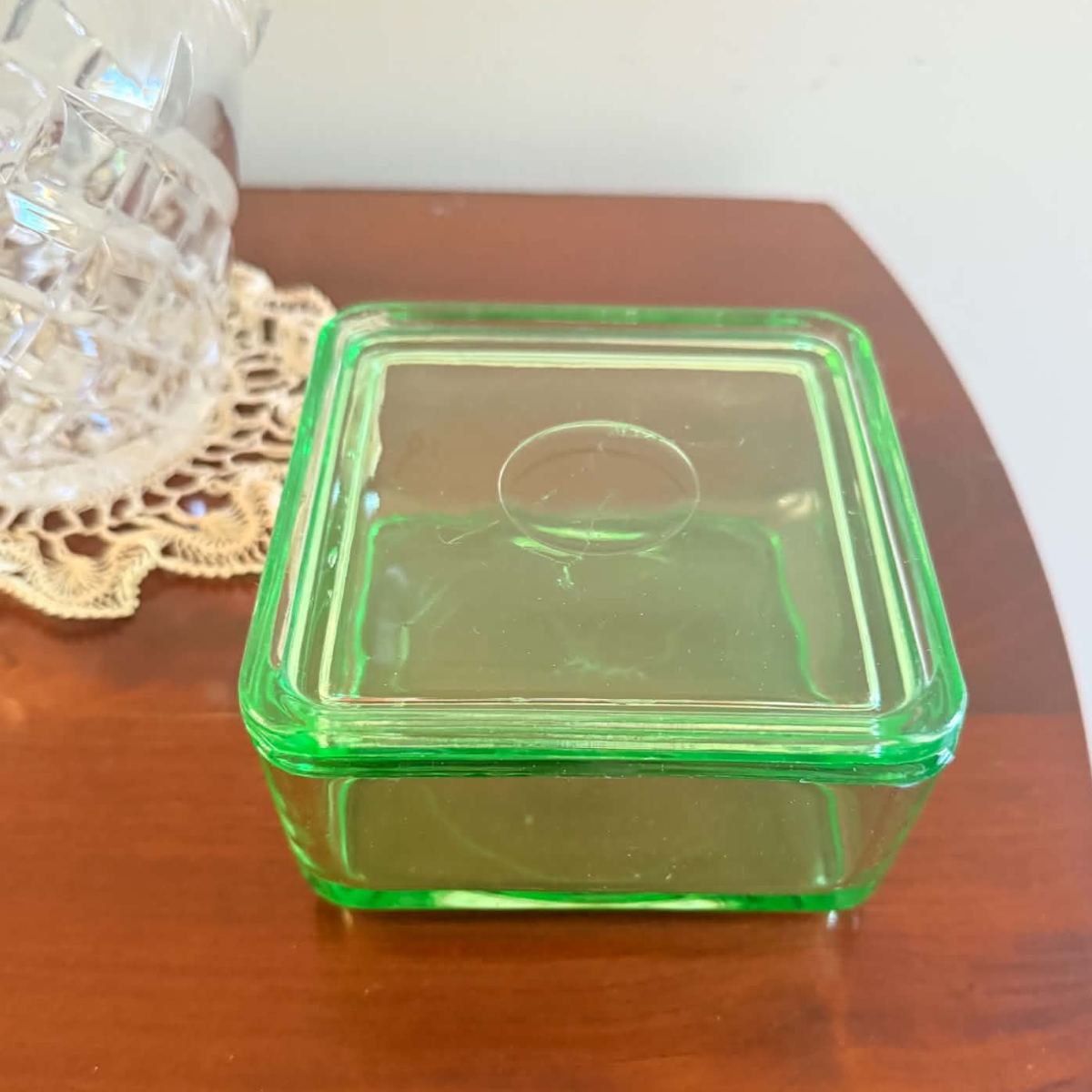 Vintage green depression glass refrigerator storage dish